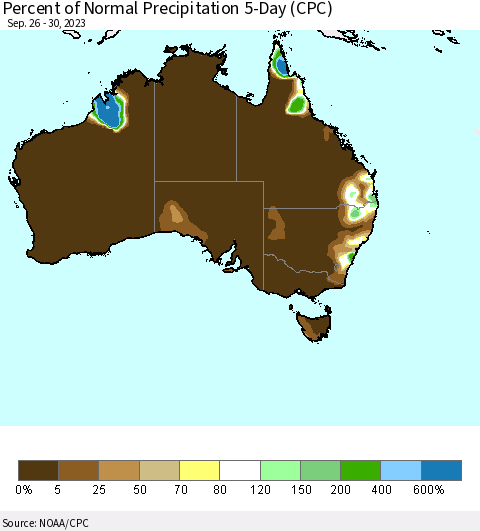Australia Percent of Normal Precipitation 5-Day (CPC) Thematic Map For 9/26/2023 - 9/30/2023