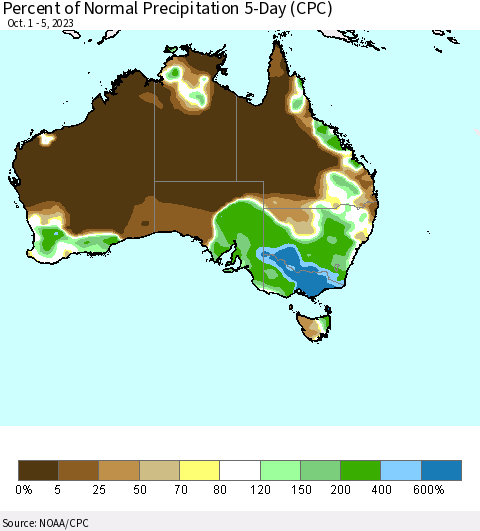 Australia Percent of Normal Precipitation 5-Day (CPC) Thematic Map For 10/1/2023 - 10/5/2023
