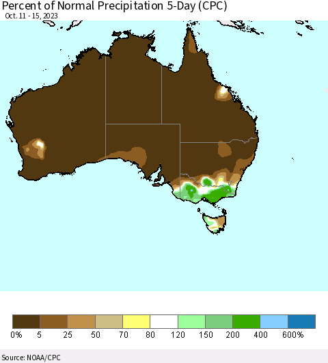 Australia Percent of Normal Precipitation 5-Day (CPC) Thematic Map For 10/11/2023 - 10/15/2023