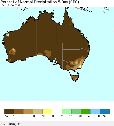 Australia Percent of Normal Precipitation 5-Day (CPC) Thematic Map For 10/16/2023 - 10/20/2023