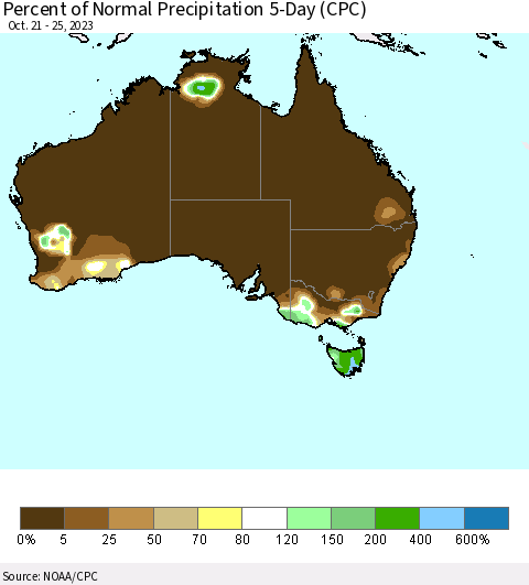 Australia Percent of Normal Precipitation 5-Day (CPC) Thematic Map For 10/21/2023 - 10/25/2023