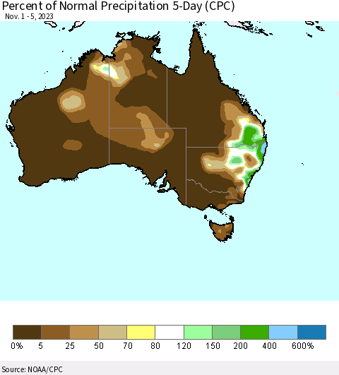 Australia Percent of Normal Precipitation 5-Day (CPC) Thematic Map For 11/1/2023 - 11/5/2023
