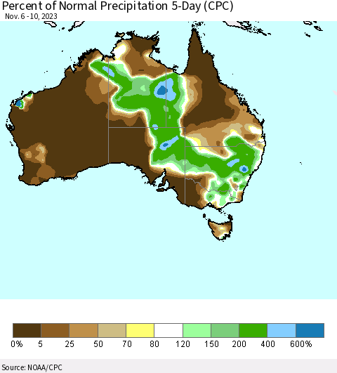 Australia Percent of Normal Precipitation 5-Day (CPC) Thematic Map For 11/6/2023 - 11/10/2023