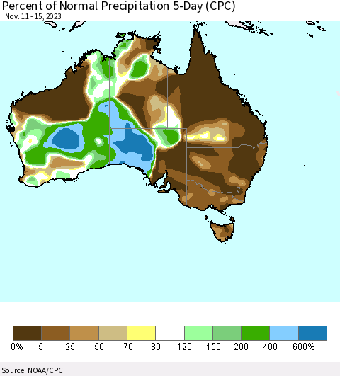 Australia Percent of Normal Precipitation 5-Day (CPC) Thematic Map For 11/11/2023 - 11/15/2023