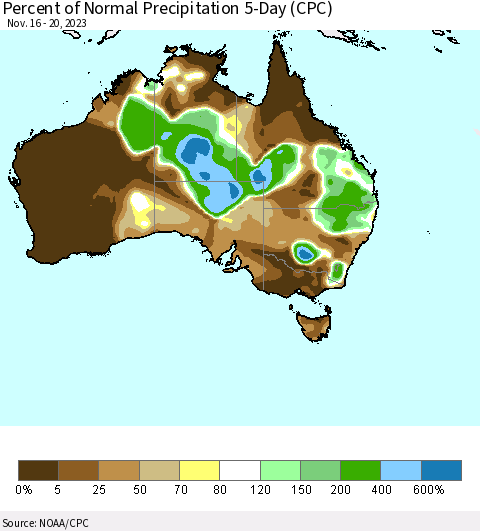 Australia Percent of Normal Precipitation 5-Day (CPC) Thematic Map For 11/16/2023 - 11/20/2023