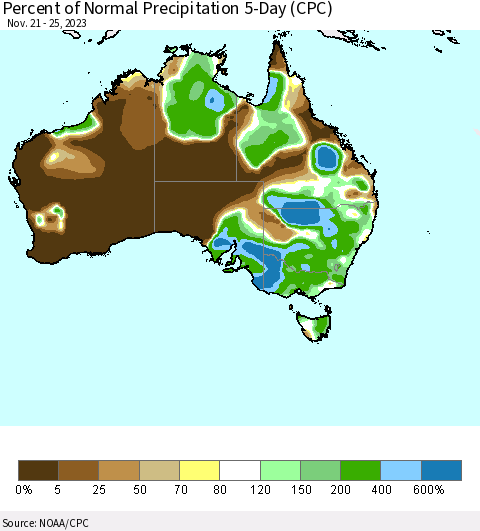 Australia Percent of Normal Precipitation 5-Day (CPC) Thematic Map For 11/21/2023 - 11/25/2023