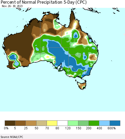 Australia Percent of Normal Precipitation 5-Day (CPC) Thematic Map For 11/26/2023 - 11/30/2023
