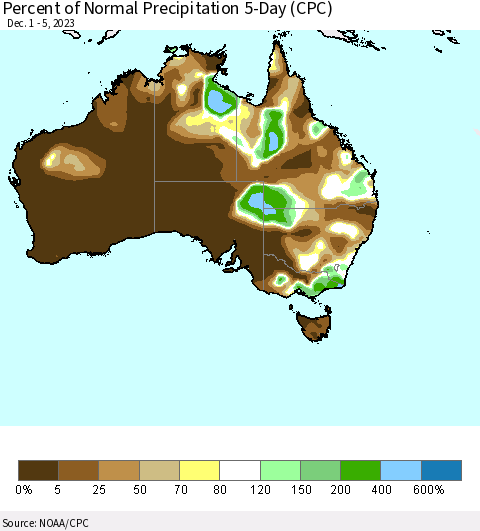 Australia Percent of Normal Precipitation 5-Day (CPC) Thematic Map For 12/1/2023 - 12/5/2023