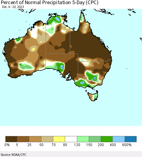 Australia Percent of Normal Precipitation 5-Day (CPC) Thematic Map For 12/6/2023 - 12/10/2023