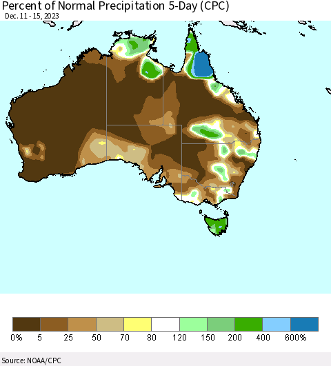 Australia Percent of Normal Precipitation 5-Day (CPC) Thematic Map For 12/11/2023 - 12/15/2023