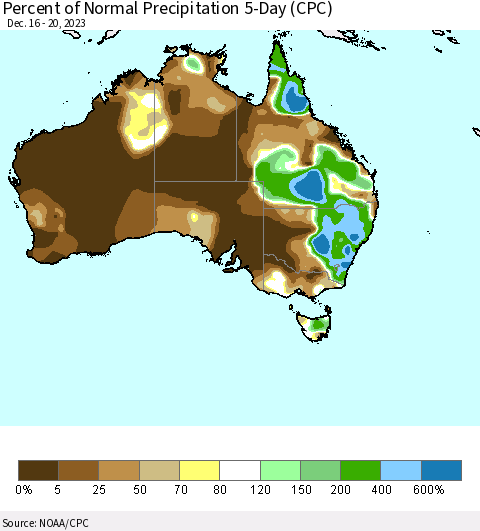 Australia Percent of Normal Precipitation 5-Day (CPC) Thematic Map For 12/16/2023 - 12/20/2023