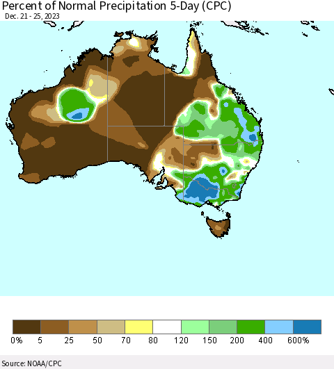 Australia Percent of Normal Precipitation 5-Day (CPC) Thematic Map For 12/21/2023 - 12/25/2023