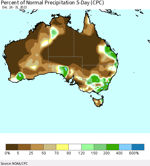 Australia Percent of Normal Precipitation 5-Day (CPC) Thematic Map For 12/26/2023 - 12/31/2023