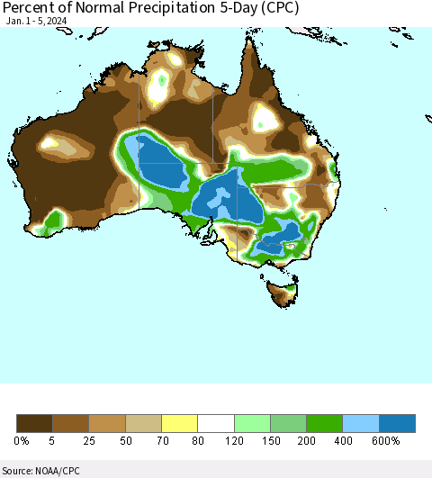 Australia Percent of Normal Precipitation 5-Day (CPC) Thematic Map For 1/1/2024 - 1/5/2024