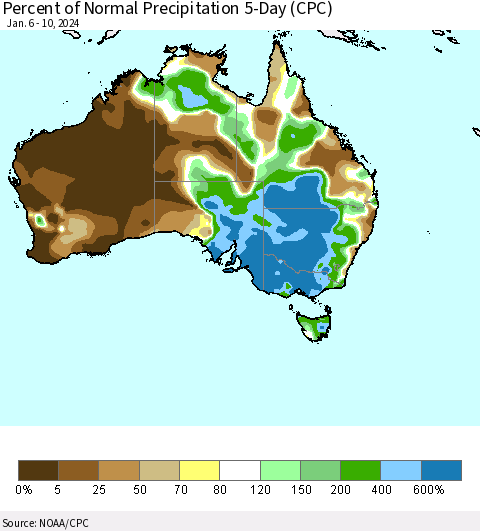 Australia Percent of Normal Precipitation 5-Day (CPC) Thematic Map For 1/6/2024 - 1/10/2024