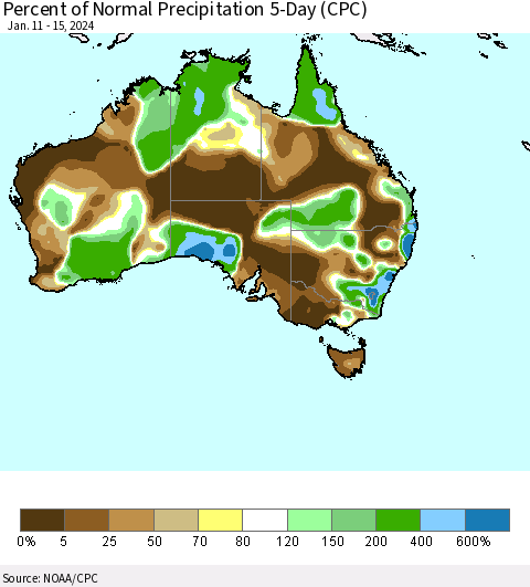 Australia Percent of Normal Precipitation 5-Day (CPC) Thematic Map For 1/11/2024 - 1/15/2024