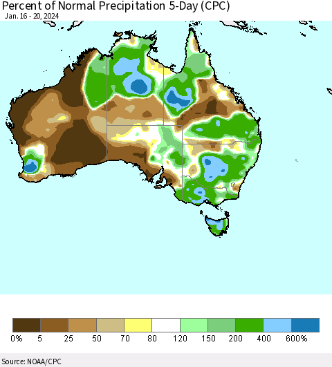 Australia Percent of Normal Precipitation 5-Day (CPC) Thematic Map For 1/16/2024 - 1/20/2024