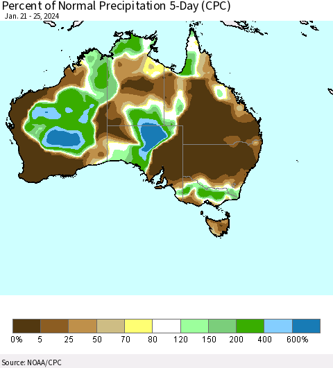 Australia Percent of Normal Precipitation 5-Day (CPC) Thematic Map For 1/21/2024 - 1/25/2024