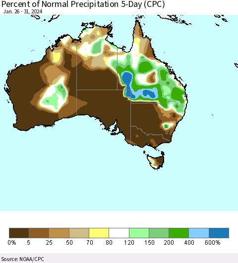 Australia Percent of Normal Precipitation 5-Day (CPC) Thematic Map For 1/26/2024 - 1/31/2024
