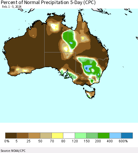 Australia Percent of Normal Precipitation 5-Day (CPC) Thematic Map For 2/1/2024 - 2/5/2024