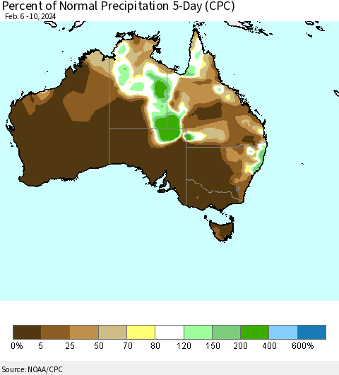Australia Percent of Normal Precipitation 5-Day (CPC) Thematic Map For 2/6/2024 - 2/10/2024