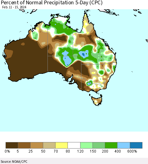 Australia Percent of Normal Precipitation 5-Day (CPC) Thematic Map For 2/11/2024 - 2/15/2024