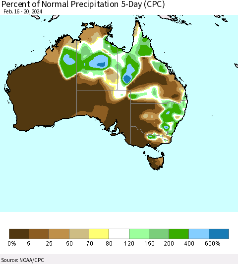 Australia Percent of Normal Precipitation 5-Day (CPC) Thematic Map For 2/16/2024 - 2/20/2024