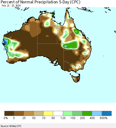 Australia Percent of Normal Precipitation 5-Day (CPC) Thematic Map For 2/21/2024 - 2/25/2024
