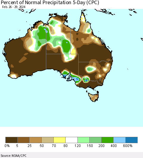 Australia Percent of Normal Precipitation 5-Day (CPC) Thematic Map For 2/26/2024 - 2/29/2024