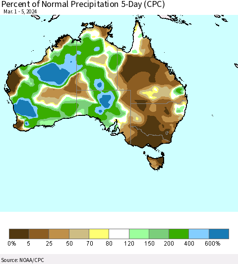 Australia Percent of Normal Precipitation 5-Day (CPC) Thematic Map For 3/1/2024 - 3/5/2024