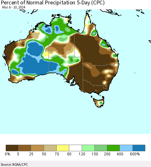 Australia Percent of Normal Precipitation 5-Day (CPC) Thematic Map For 3/6/2024 - 3/10/2024