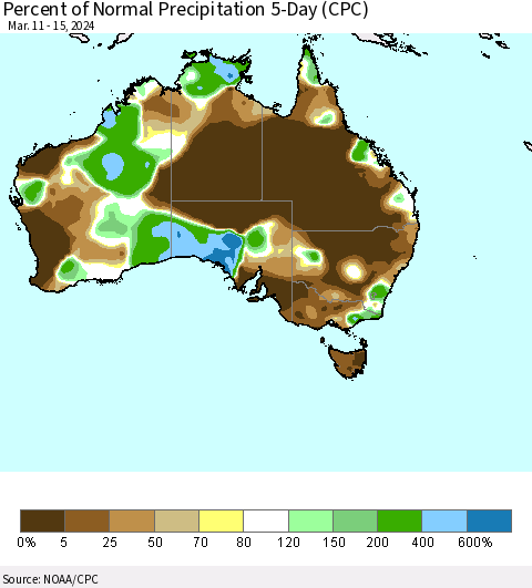 Australia Percent of Normal Precipitation 5-Day (CPC) Thematic Map For 3/11/2024 - 3/15/2024
