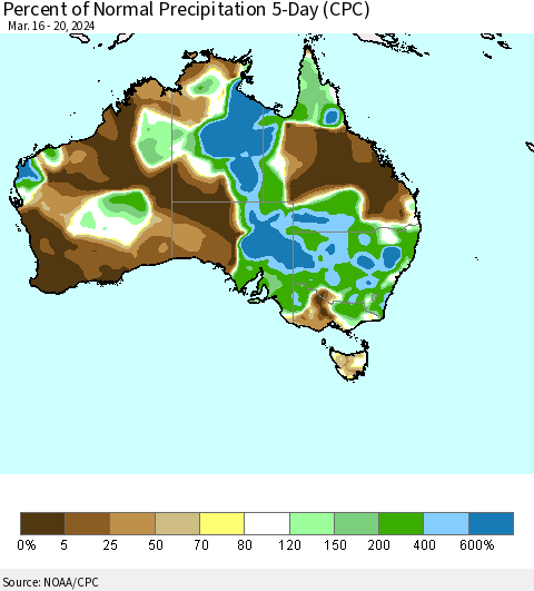 Australia Percent of Normal Precipitation 5-Day (CPC) Thematic Map For 3/16/2024 - 3/20/2024