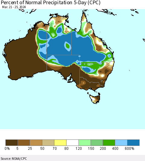 Australia Percent of Normal Precipitation 5-Day (CPC) Thematic Map For 3/21/2024 - 3/25/2024