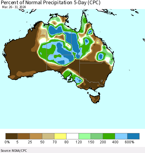 Australia Percent of Normal Precipitation 5-Day (CPC) Thematic Map For 3/26/2024 - 3/31/2024