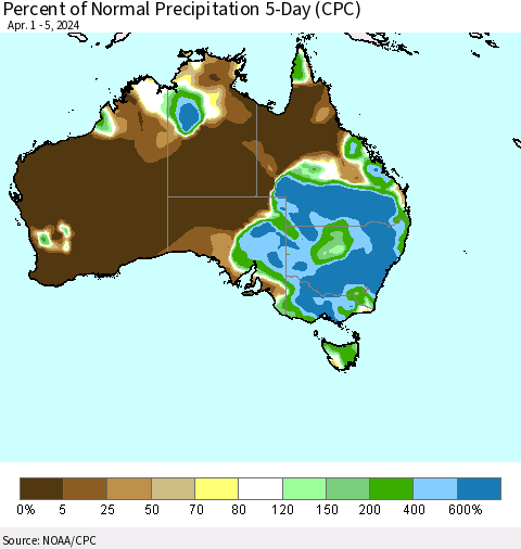 Australia Percent of Normal Precipitation 5-Day (CPC) Thematic Map For 4/1/2024 - 4/5/2024