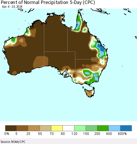 Australia Percent of Normal Precipitation 5-Day (CPC) Thematic Map For 4/6/2024 - 4/10/2024