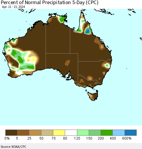 Australia Percent of Normal Precipitation 5-Day (CPC) Thematic Map For 4/11/2024 - 4/15/2024