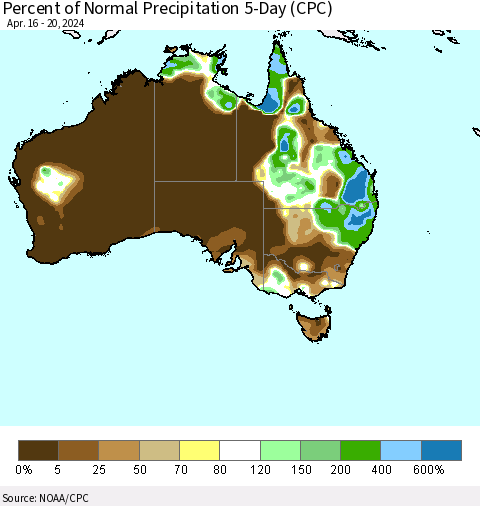 Australia Percent of Normal Precipitation 5-Day (CPC) Thematic Map For 4/16/2024 - 4/20/2024