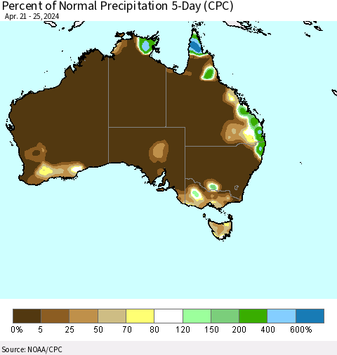 Australia Percent of Normal Precipitation 5-Day (CPC) Thematic Map For 4/21/2024 - 4/25/2024