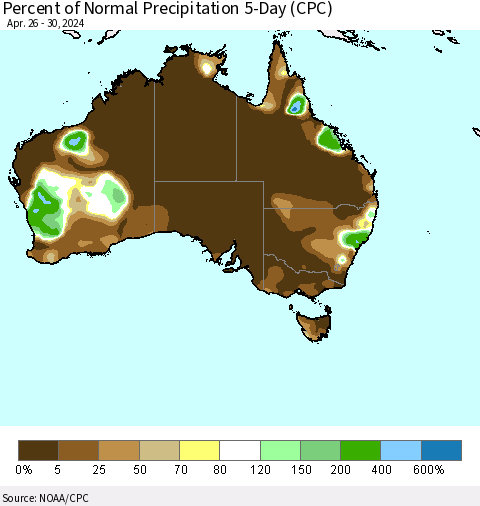 Australia Percent of Normal Precipitation 5-Day (CPC) Thematic Map For 4/26/2024 - 4/30/2024