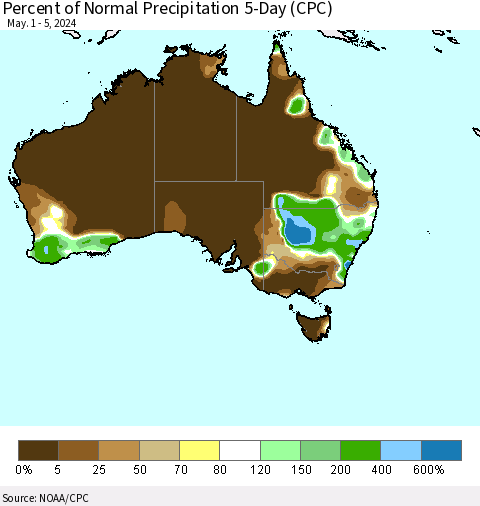 Australia Percent of Normal Precipitation 5-Day (CPC) Thematic Map For 5/1/2024 - 5/5/2024