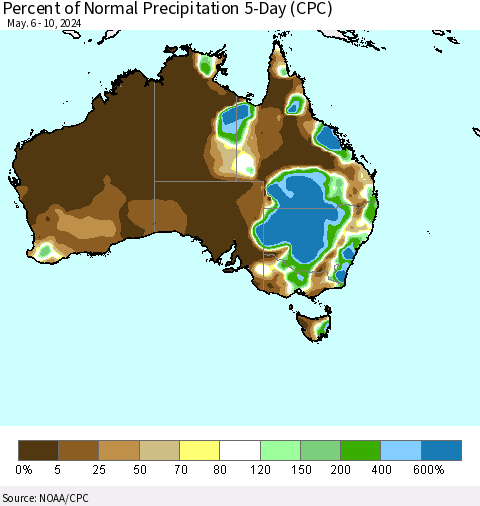Australia Percent of Normal Precipitation 5-Day (CPC) Thematic Map For 5/6/2024 - 5/10/2024