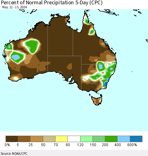 Australia Percent of Normal Precipitation 5-Day (CPC) Thematic Map For 5/11/2024 - 5/15/2024