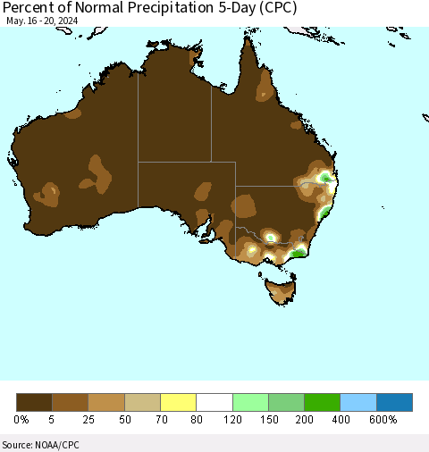 Australia Percent of Normal Precipitation 5-Day (CPC) Thematic Map For 5/16/2024 - 5/20/2024