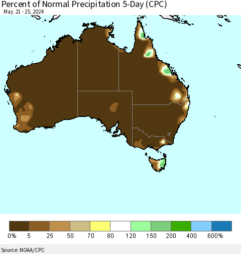 Australia Percent of Normal Precipitation 5-Day (CPC) Thematic Map For 5/21/2024 - 5/25/2024