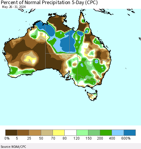 Australia Percent of Normal Precipitation 5-Day (CPC) Thematic Map For 5/26/2024 - 5/31/2024