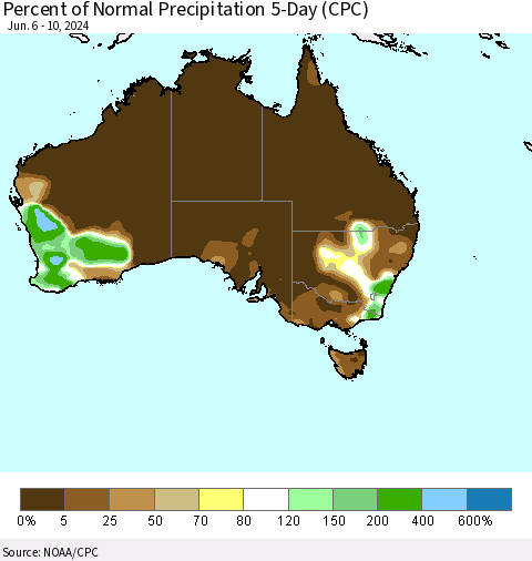 Australia Percent of Normal Precipitation 5-Day (CPC) Thematic Map For 6/6/2024 - 6/10/2024