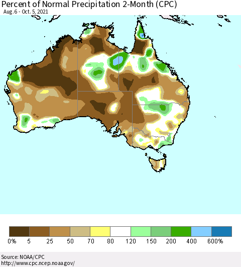 Australia Percent of Normal Precipitation 2-Month (CPC) Thematic Map For 8/6/2021 - 10/5/2021