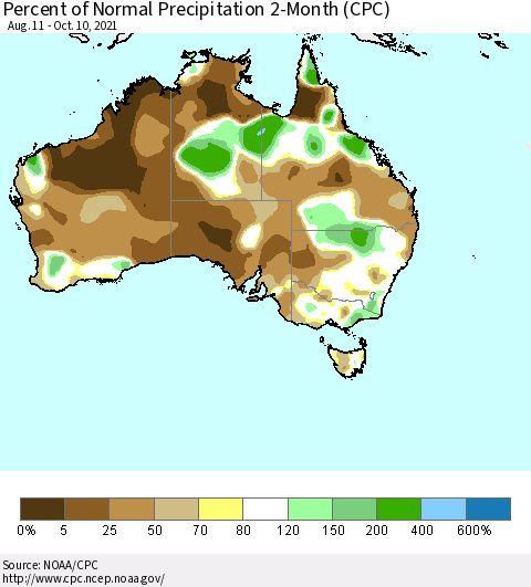 Australia Percent of Normal Precipitation 2-Month (CPC) Thematic Map For 8/11/2021 - 10/10/2021